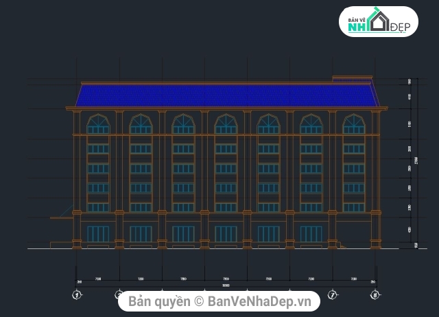 thiết kế nhà 7 tầng,thiết kế nhà làm việc,Nhà làm việc 7 tầng,7 tầng,Nhà làm việc 7 tầng 22.1x50.9m