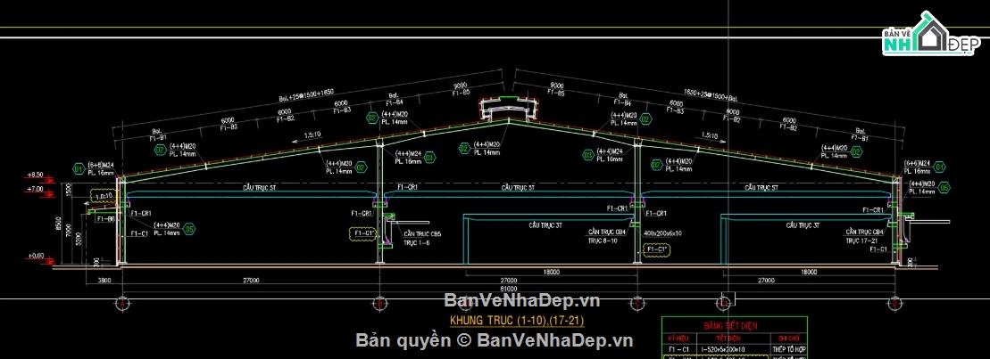 Bản vẽ cột kèo nhà xưởng 81m,Bản vẽ cửa nóc gió nhà xưởng,Bản vẽ dầm cầu trục nhà xưởng,Bản vẽ kết cấu thép nhà xưởng 81m