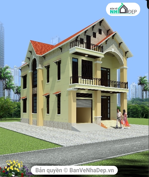 kiến trúc nhà 2 tầng,nhà kích thước 8 x 12.5m,nhà 2 tầng kiến trúc mái thái