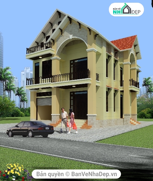 kiến trúc nhà 2 tầng,nhà kích thước 8 x 12.5m,nhà 2 tầng kiến trúc mái thái