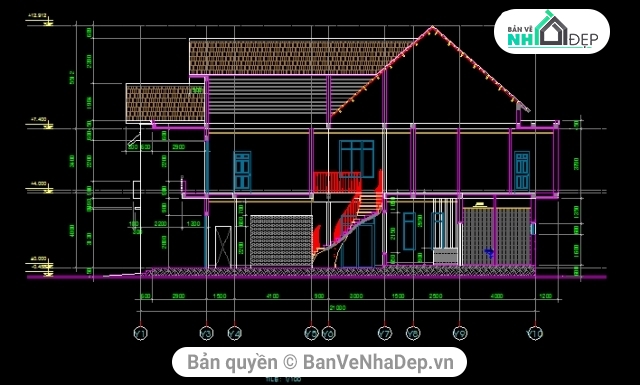 Biệt thự 8x21m,kiến trúc tầng mái,kiến trúc 2 tầng,Biệtthự mái thái 8x21,bản vẽ biệt thự 2 tầng,thiết kế biệt thự 2 tầng