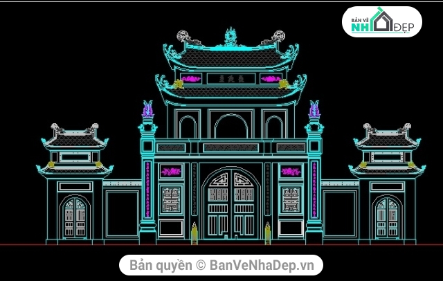 bản vẽ cổng đình,bản vẽ kiến trúc,Hồ sơ thiết kế,bản vẽ cổng chùa,tam quan đình chùa