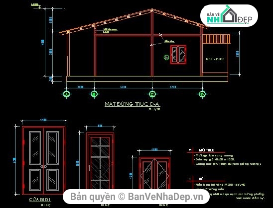 nhà cấp 4 4x9.2m,nhà kích thước 4 x 19m,nhà kích thước 4x9.2m,thiết kế nhà cấp 4,file cad nhà cấp 4,bản vẽ nhà cấp 4