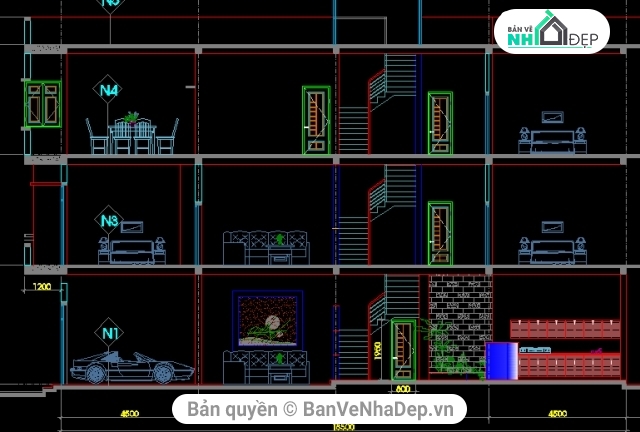 nhà phố 3 tầng,Bản cad thiết kế,nhà 3 tầng 4x20m,kiến trúc nhà phố 3 tầng,bản vẽ nhà phố 3 tầng