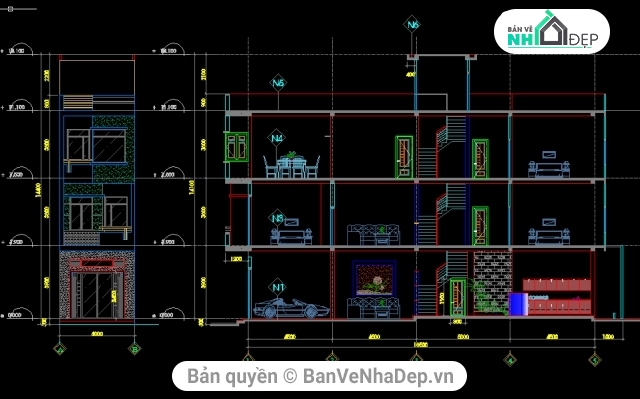 nhà phố 3 tầng,Bản cad thiết kế,nhà 3 tầng 4x20m,kiến trúc nhà phố 3 tầng,bản vẽ nhà phố 3 tầng