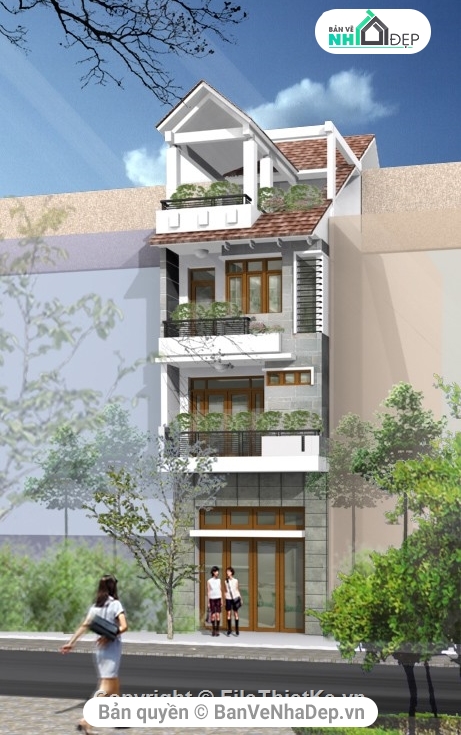 mẫu nhà 4 tầng đẹp,Nhà dân kích thước 5x20m,bản vẽ nhà phố đẹp,nhà 4 tầng có phối cảnh