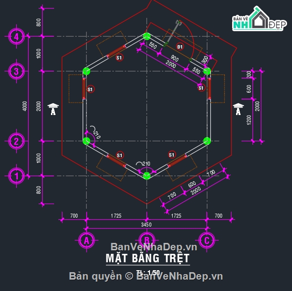 nhà bảo vệ,bản vẽ autocad nhà bảo vệ,bản vẽ nhà bảo vệ lục giác