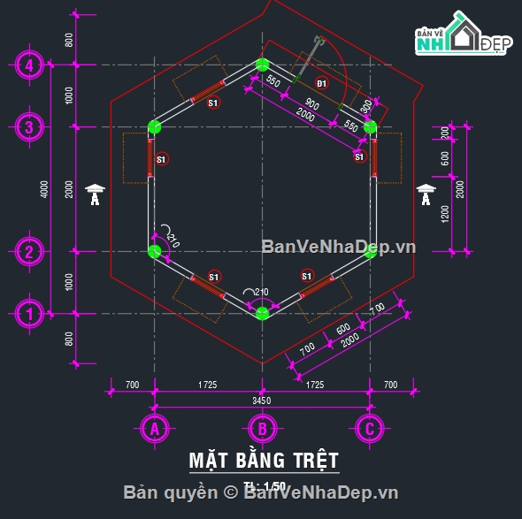 nhà bảo vệ,bản vẽ autocad nhà bảo vệ,bản vẽ nhà bảo vệ lục giác