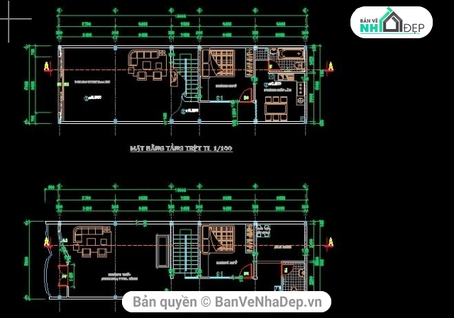 Bản vẽ nhà 2 tầng,kiến trúc nhà 2 tầng,kiến trúc 2 tầng 5x16m,thiết kế nhà 2 tầng,mẫu file cad nhà 2 tầng