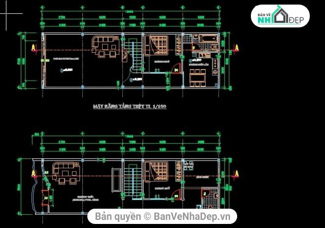 Bản vẽ nhà 2 tầng,kiến trúc nhà 2 tầng,kiến trúc 2 tầng 5x16m,thiết kế nhà 2 tầng,mẫu file cad nhà 2 tầng