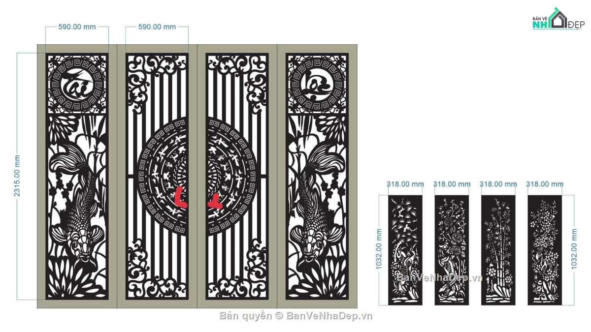cổng trống đồng cnc,cổng 4 cánh cnc,cổng cá chép