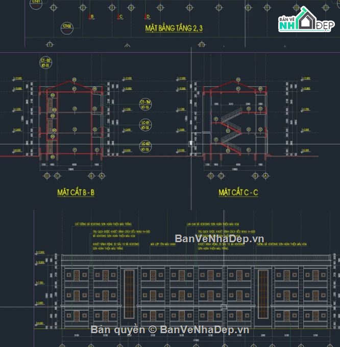 kiến trúc ký túc xá,bản vẽ ký túc xá,ký túc xá 3 tầng