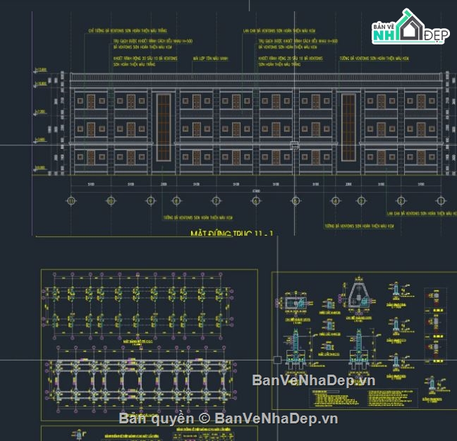 kiến trúc ký túc xá,bản vẽ ký túc xá,ký túc xá 3 tầng