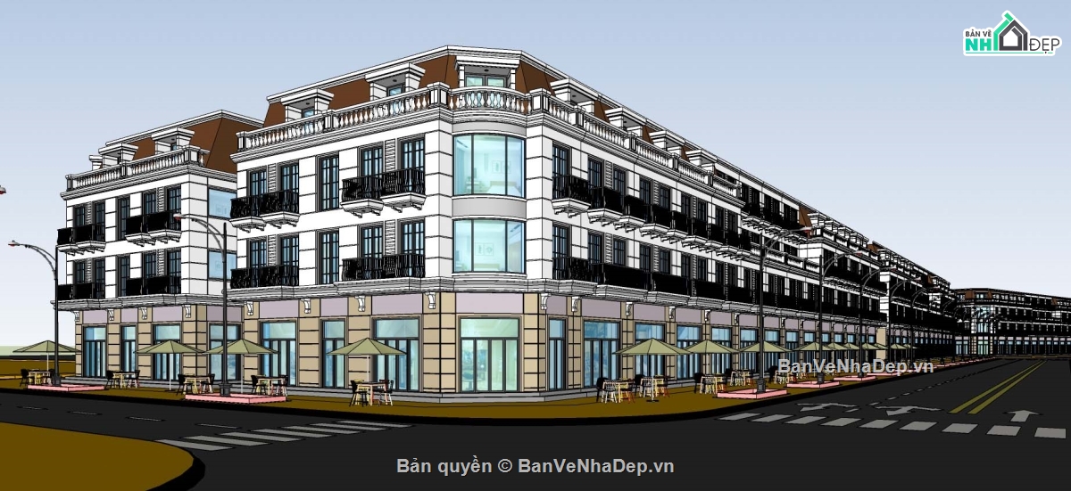 shophouse,sketchup nhà liền kề,shophouse tân cổ điển