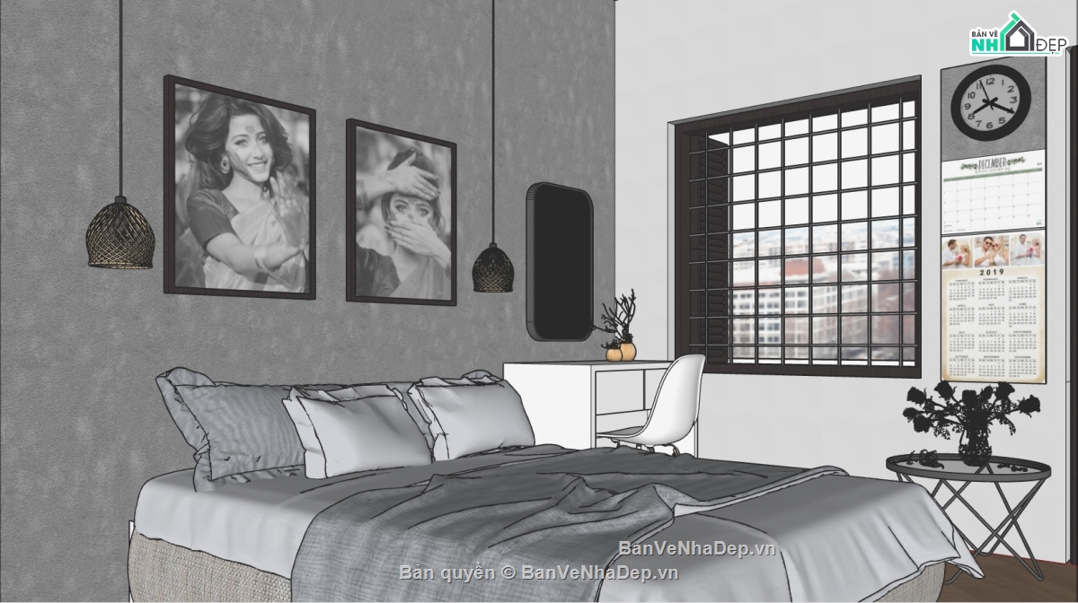 sketchup nội thất phòng ngủ,thiết kế phòng ngủ su,thiết kế phòng ngủ hiện đại