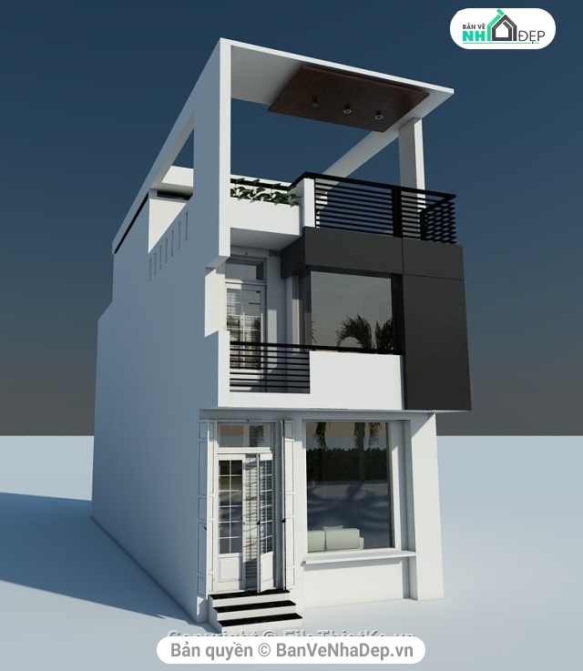 File kiến trúc cơ bản và file phối cảnh mẫu nhà phố 3 tầng 5x15.2m