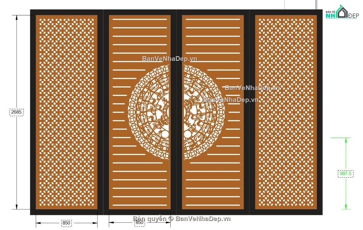 mẫu cổng,mẫu cổng 4 cánh,cad cổng trống đồng