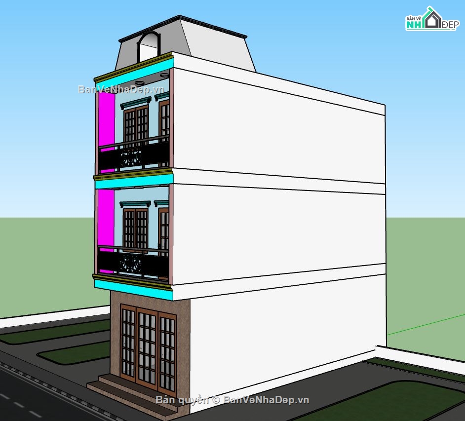 sketchup nhà phố 3 tầng,phối cảnh nhà phố 3 tầng,mẫu thiết kế nhà phố 3 tầng,kiến trúc nhà phố 3 tầng