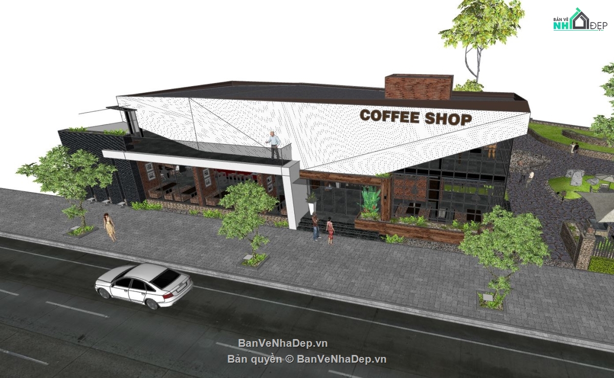 quán coffee,ngoại thất coffee,sketchup nội thất quán cà phê,phối cảnh quán cafe