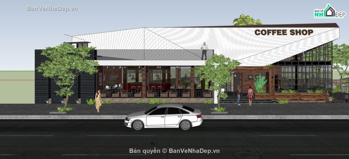 quán coffee,ngoại thất coffee,sketchup nội thất quán cà phê,phối cảnh quán cafe