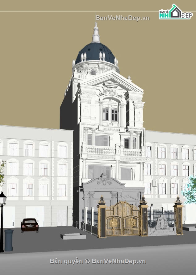 3dmax nhà phố 4 tầng,nhà phố cổ điển có chóp,nahf phố 4 tầng