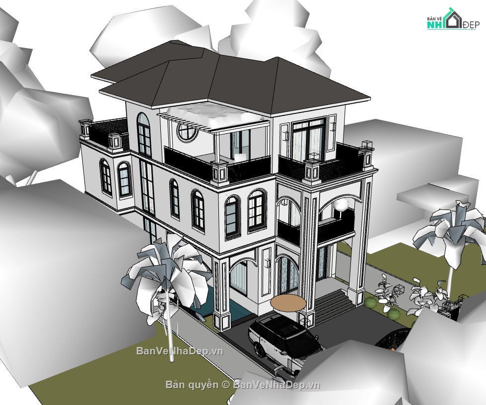 biệt thự 3 tầng,su biệt thự,sketchup biệt thự