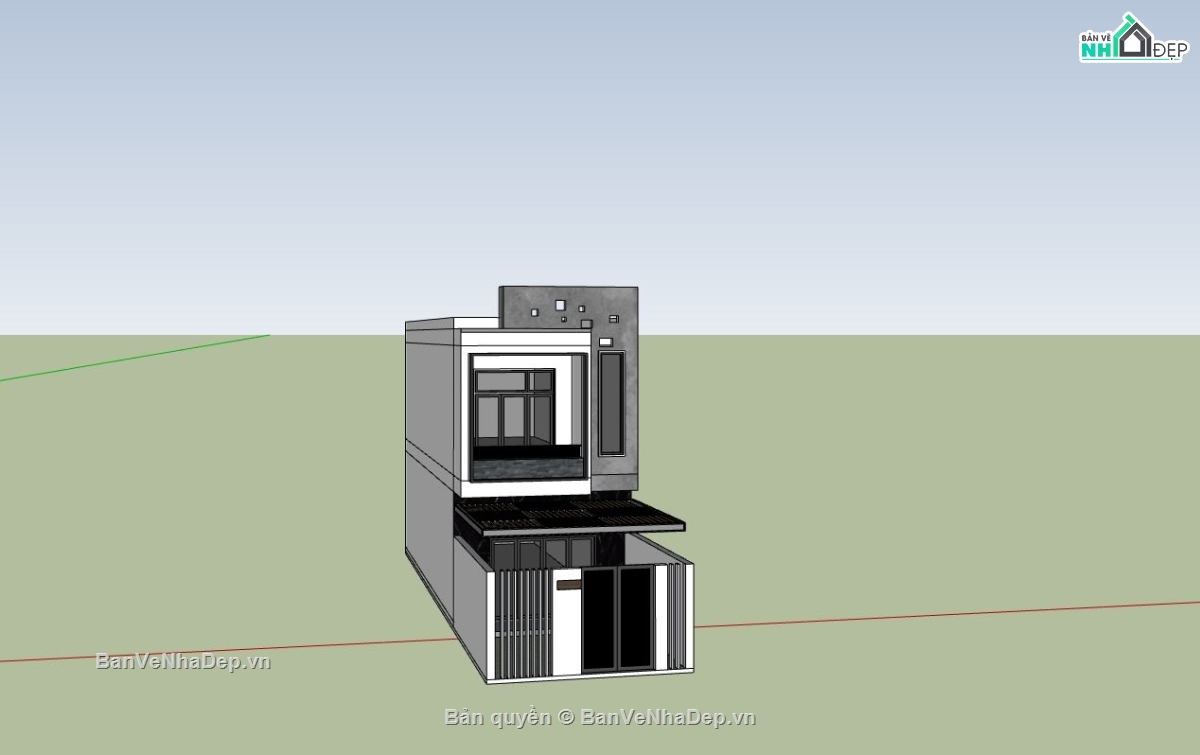 nhà phố 2 tầng,sketchup nhà phố 2 tầng,phối cảnh nhà phố 2 tầng,nhà phố hiện đại