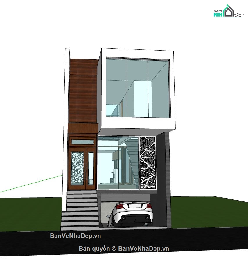 nhà phố 2 tầng,file sketchup nhà phố,nhà phố hiện đại,phối cảnh nhà phố