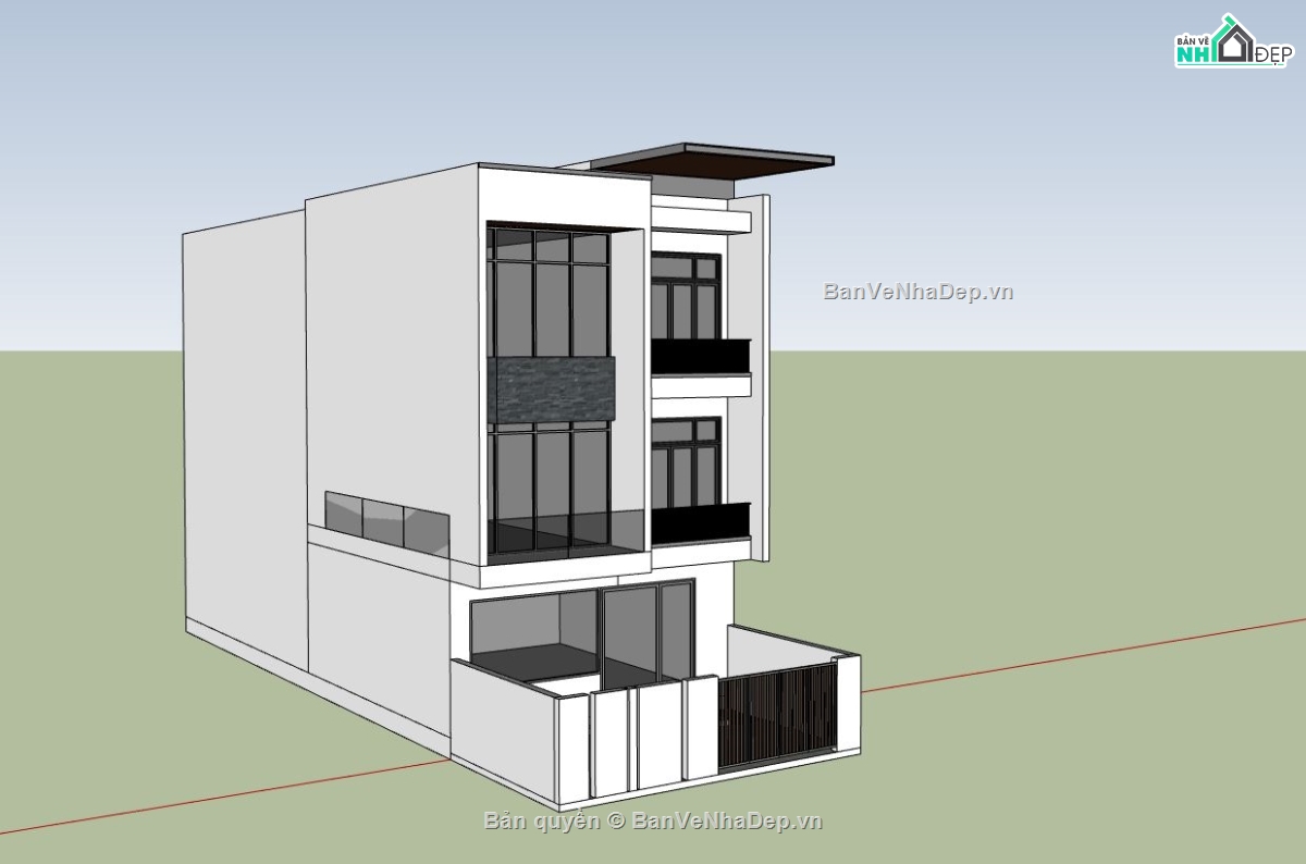 nhà phố 3 tầng,nhà 3 tầng mái bằng,sketchup nhà phố 3 tầng,phối cảnh nhà phố