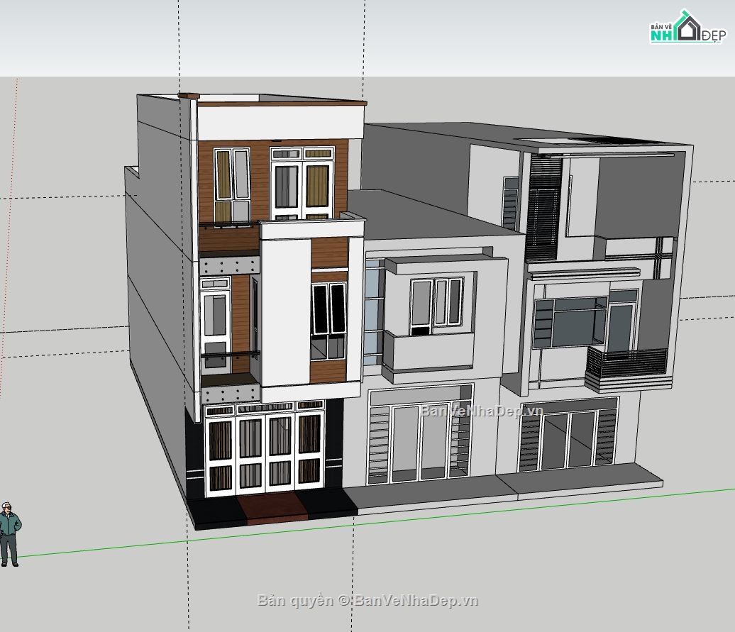 nhà phố 3 tầng,file sketchup nhà phố 3 tầng,phối cảnh nhà phố 3 tầng,model su nhà phố 3 tầng