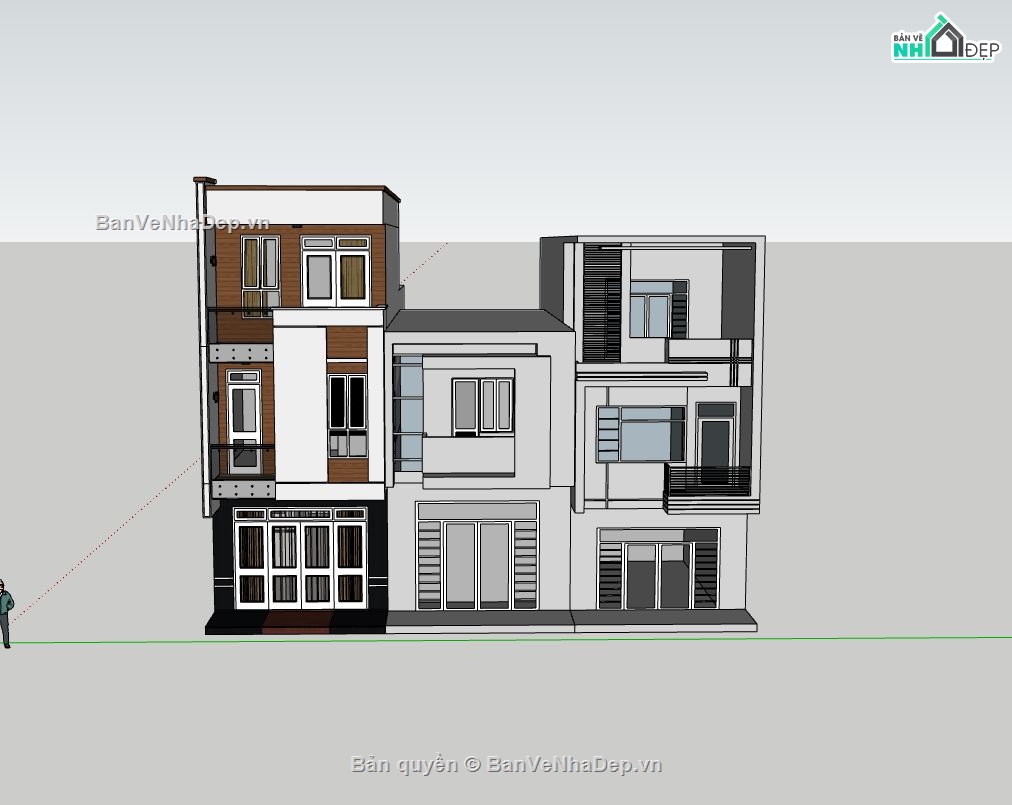 nhà phố 3 tầng,file sketchup nhà phố 3 tầng,phối cảnh nhà phố 3 tầng,model su nhà phố 3 tầng