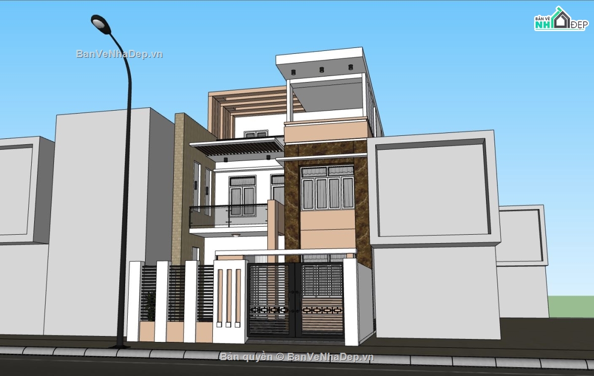nhà phố 3 tầng,thiết kế nhà phố 3 tầng,file sketchup nhà phố 3 tầng,phối cảnh nhà phố 3 tầng