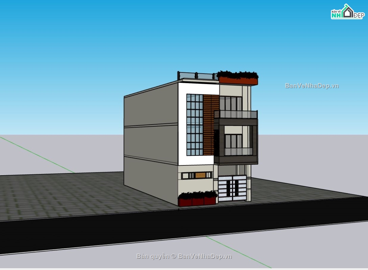 nhà phố 3 tầng,sketchup nhà phố 3 tầng,nhà phố hiện đại