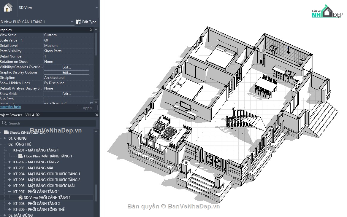 revit biệt thự,revit biệt thự 2 tầng,revit biệt thự mái nhật,revit mẫu,revit tham khảo,kiến trúc biệt thự 2 tầng