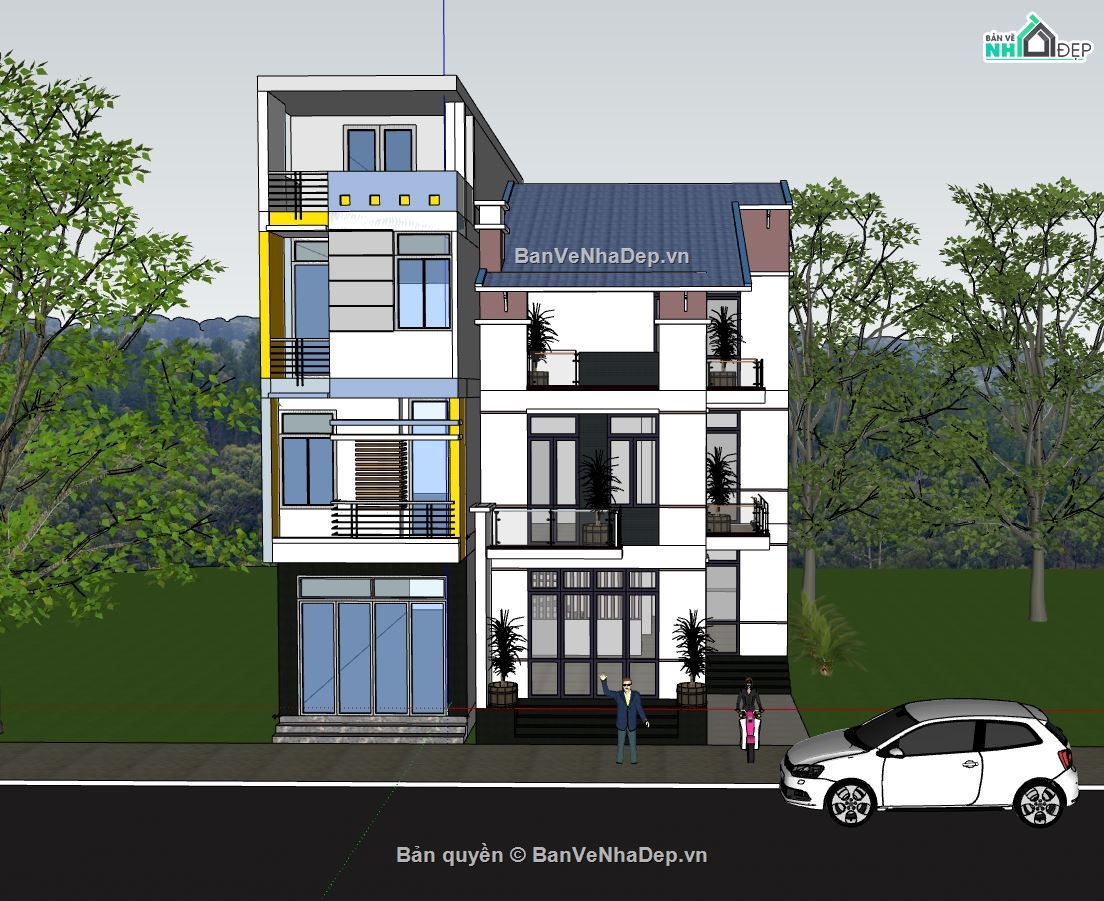 mẫu thiết kế nhà phố,sketchup nhà phố 2 tầng,file su nhà phố 2 tầng,phối cảnh nhà phố 2 tầng