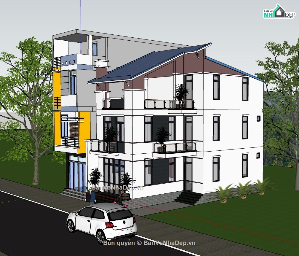 mẫu thiết kế nhà phố,sketchup nhà phố 2 tầng,file su nhà phố 2 tầng,phối cảnh nhà phố 2 tầng