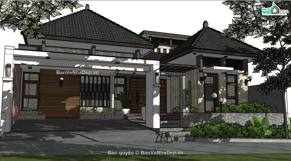 biệt thự 1 tầng,sketchup biệt thự 1 tầng,Mẫu thiết kế tầng 1