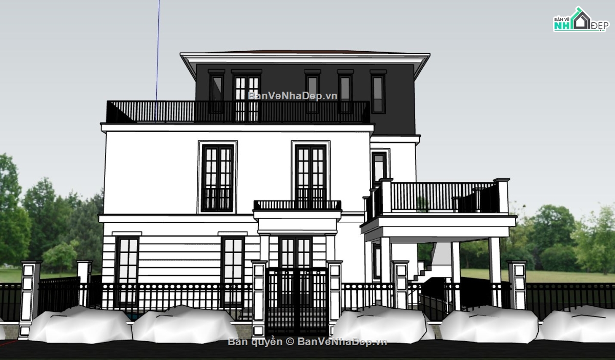 biệt thự 3 tầng sketchup,mẫu biệt thự 3 tầng su,phối cảnh biệt thự 3 tầng