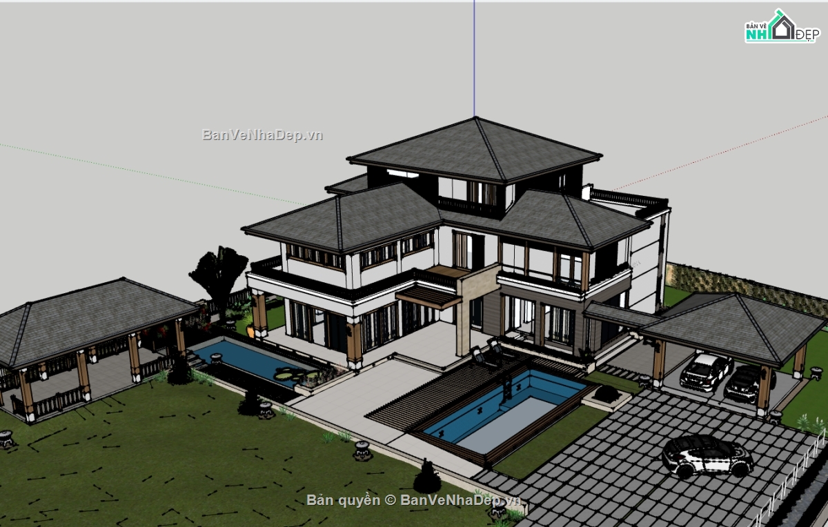 su biệt thự,sketchup biệt thự,biệt thự 3 tầng sân vườn