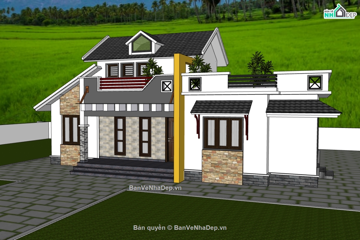 biệt thự 1 tầng,su biệt thự,sketchup biệt thự