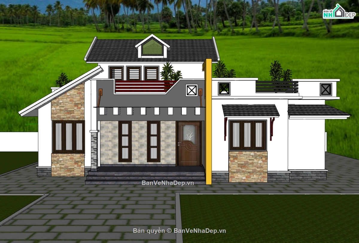 biệt thự 1 tầng,su biệt thự,sketchup biệt thự