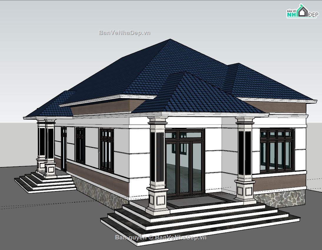 File sketchup biệt thự 1 tầng,Model sketchup biệt thự 1 tầng,Bản vẽ sketchup biệt thự 1 tầng,Mode su biệt thự 1 tầng,Biệt thự 1 tầng 12x17m,Model su biệt thự 1 tầng