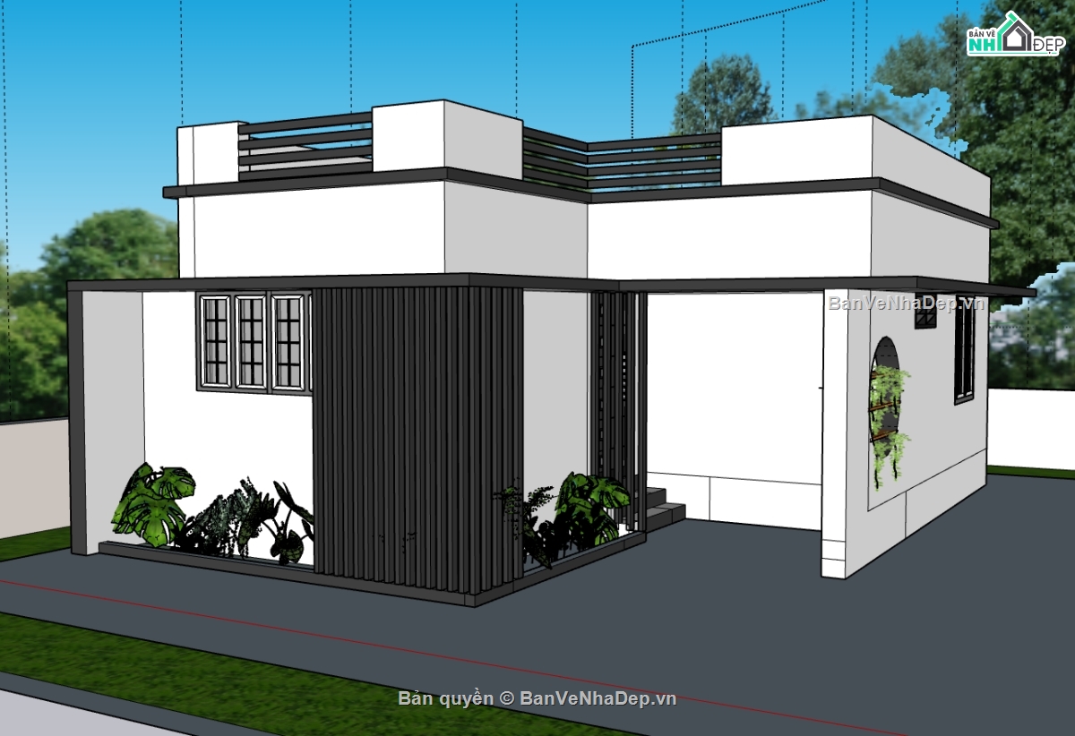 biệt thự 1 tầng,su biệt thự,sketchup biệt thự
