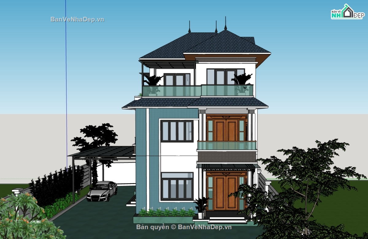 biệt thự 3 tầng,su biệt thự,sketchup biệt thự