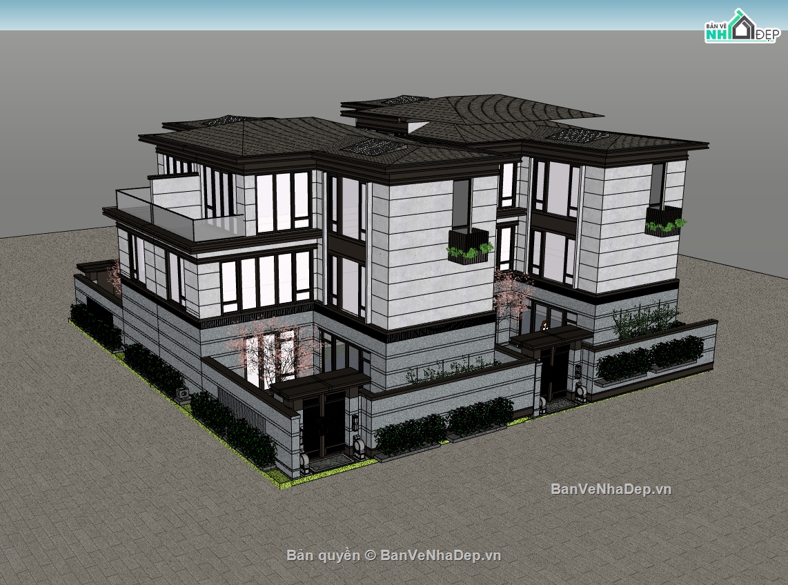 biệt thự 3 tầng,su biệt thự,sketchup biệt thự