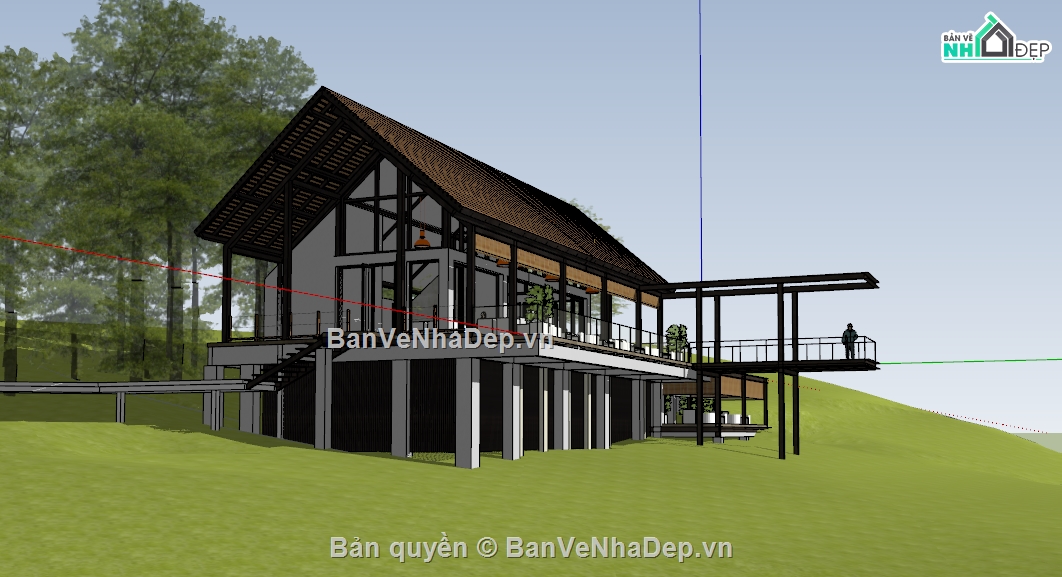 nhà gỗ,File sketchup nhà gỗ,File sketchup homestay,homestay sketchup