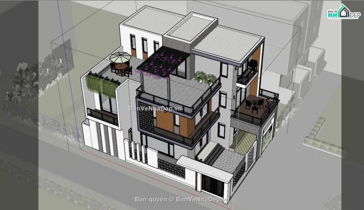 biệt thự 3 tầng,sketchup biệt thự,biệt thự phố 3 tầng