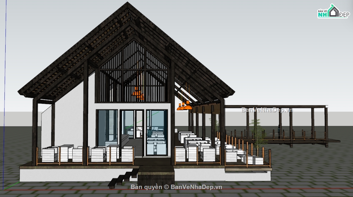 quán cafe,sketchup quán cafe,nhà gỗ