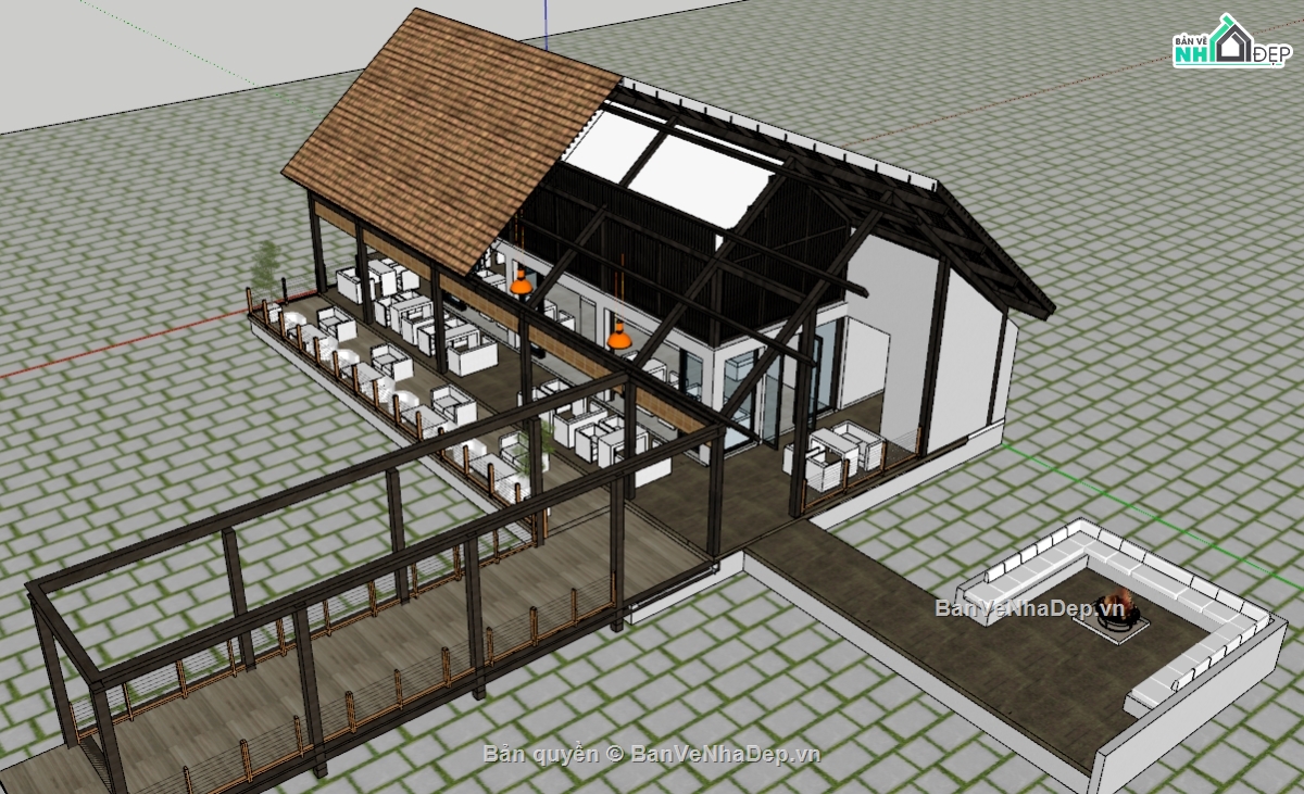 quán cafe,sketchup quán cafe,nhà gỗ