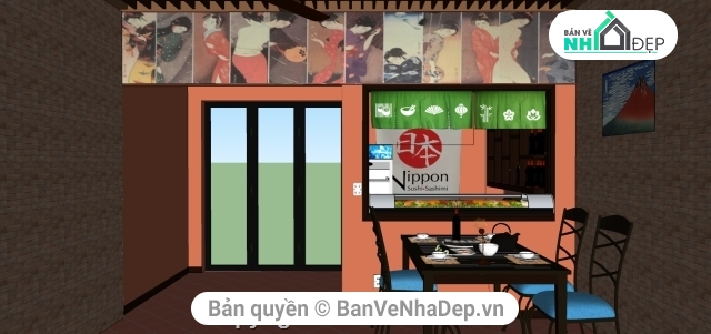 Sketchup nội thất sushi bar mini,bar shushi nhật bản,Sushi bar Mini Nhật Bản,thiết kế nội thất bar mini,thiết kế quán ăn mini,phối cảnh quán ăn vặt